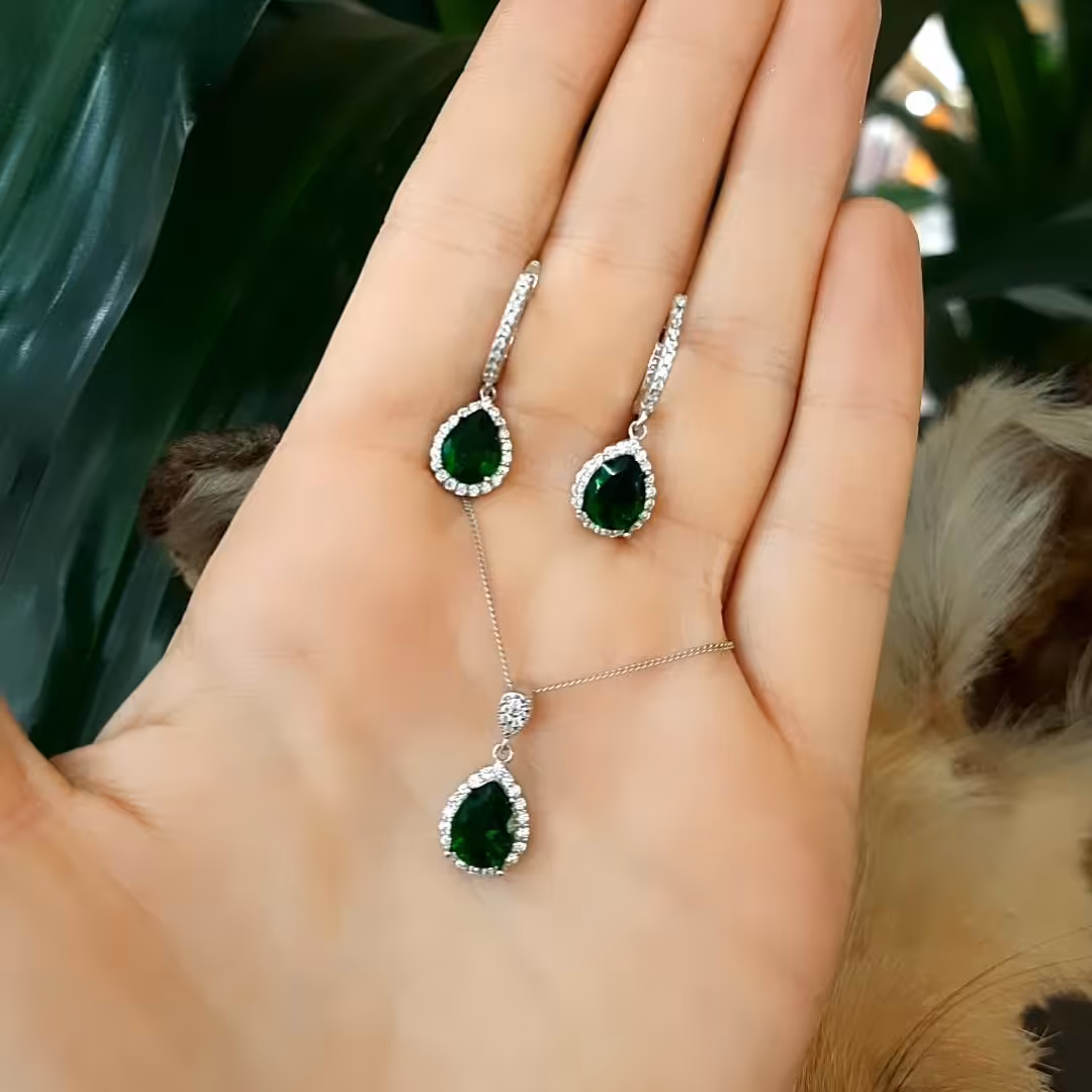 نیم ست نقره اشکی سبز