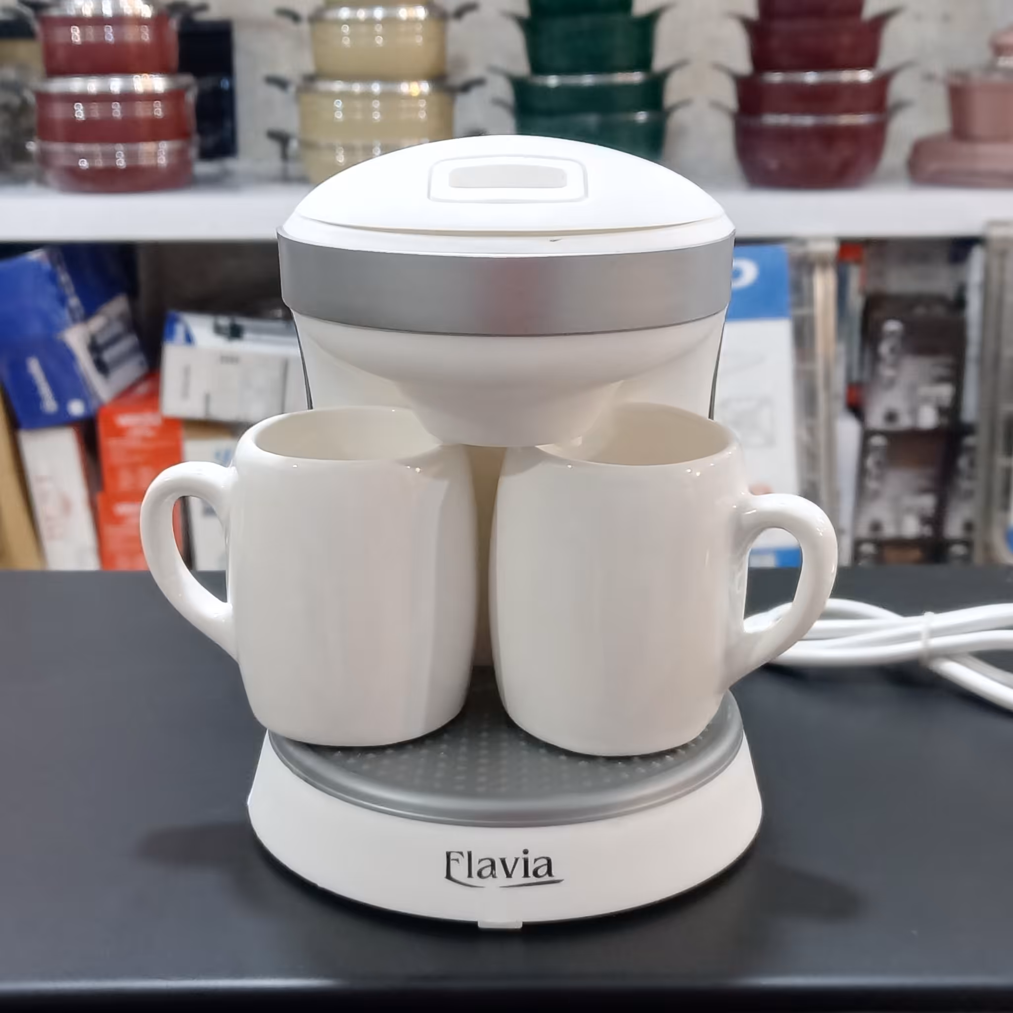 قهوه ساز دوفنجانه فلاویا سفید نقره ای 