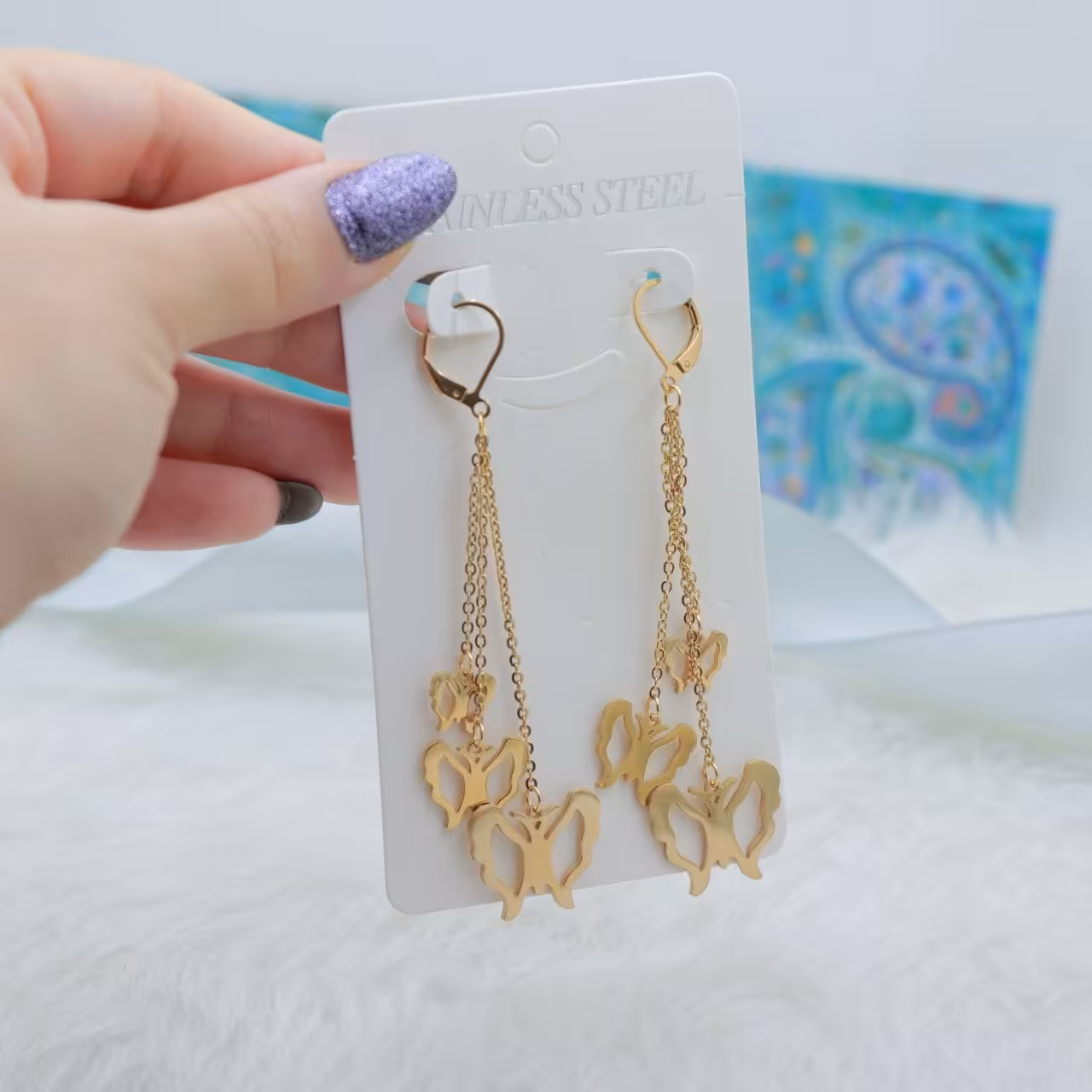 گوشواره آویز استیل با آبکاری طلا بدون حساسیت رنگ ثابت 