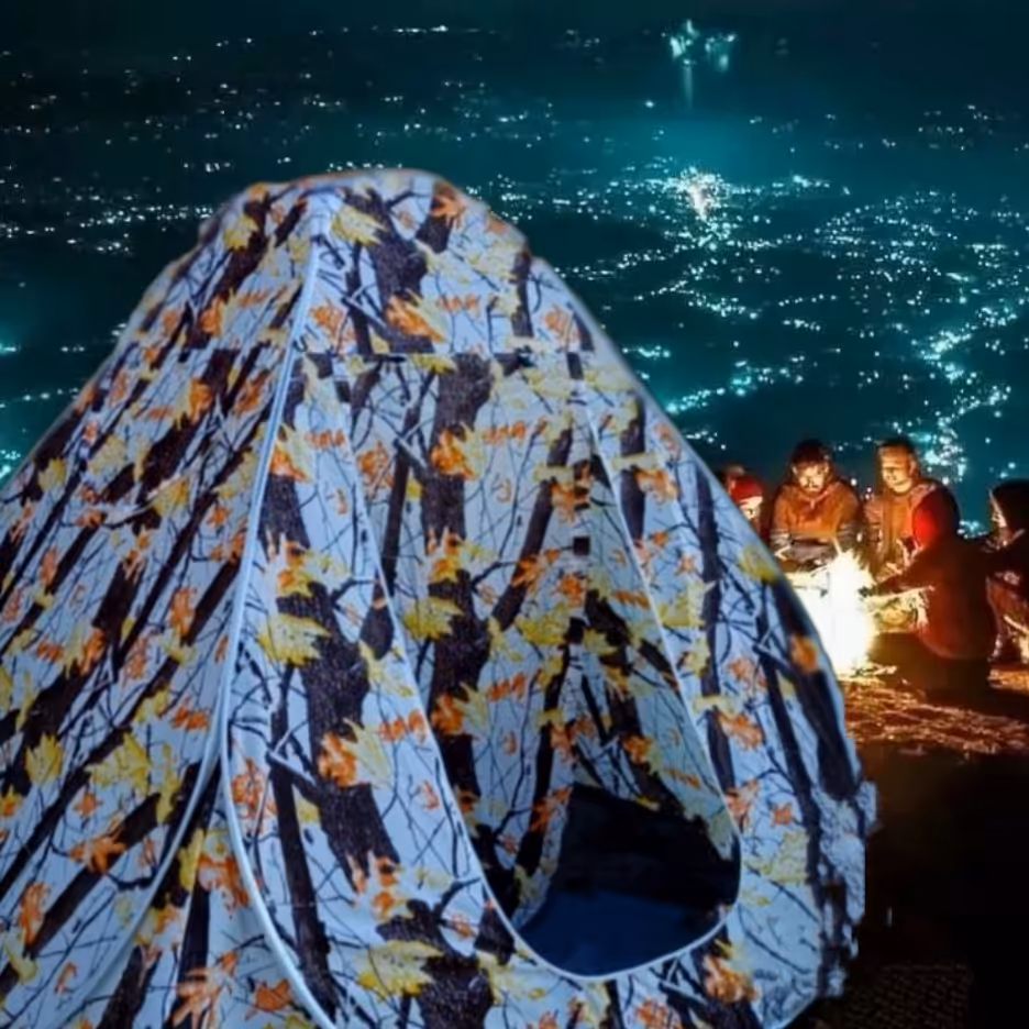 چادر مسافرتی 6نفره دو دوخت  پارچه ضد آب طرح جنگل پائیزی برگ نارنجی وزرد