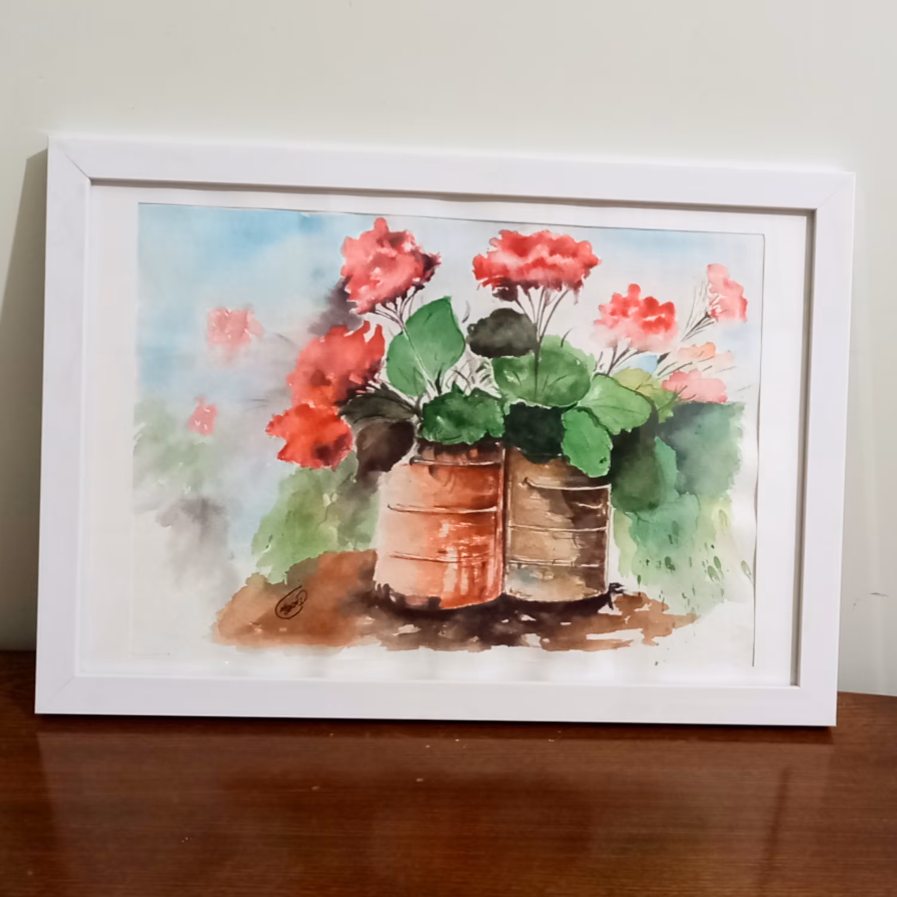 تابلو نقاشی آبرنگ طرح گل های شمعدانی زیبا و روح نواز