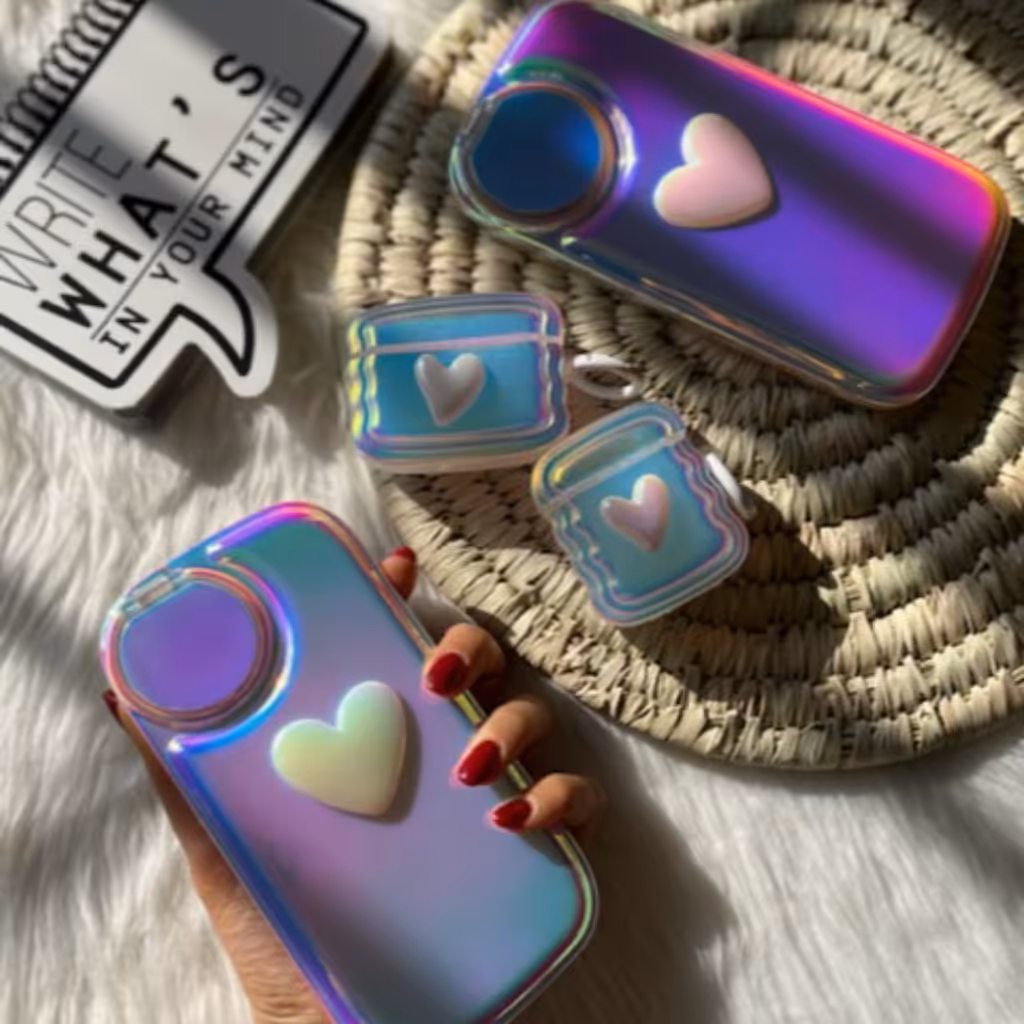 قاب گوشی قلب هولوگرامی لنز آینه ای همراه با کاورایرپاد ست