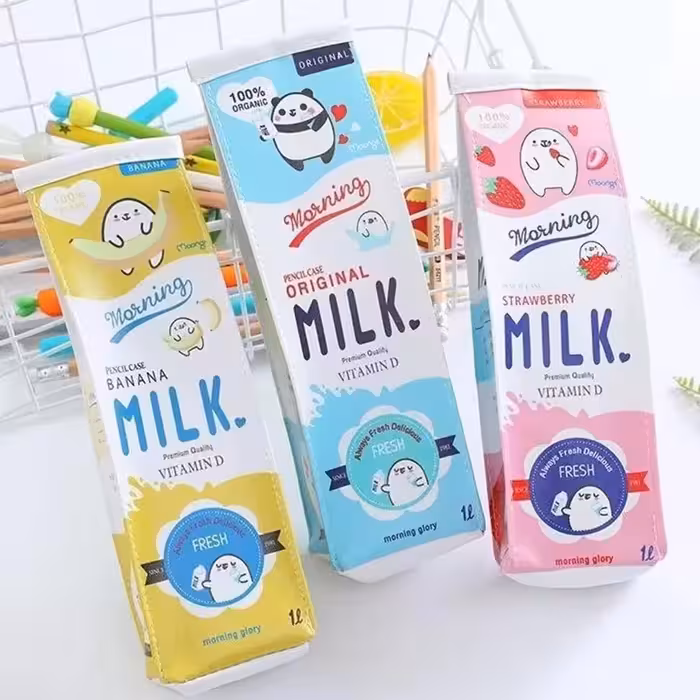 جامدادی تک زیپ فانتزی طرح پاکت شیر جنس چرم مصنوعی در سه رنگ صورتی زرد آبی