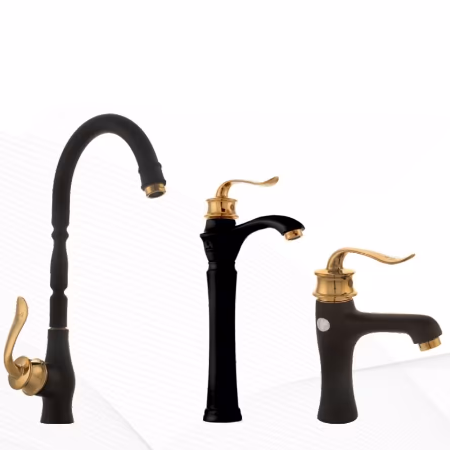 ست شیرالات ست کامل 4 تیکه شیرالات ساختمان رنگ مشکی طلا جنس درجه 1 و استاندارد و دارای نشان کیفیت ایزوو 9001