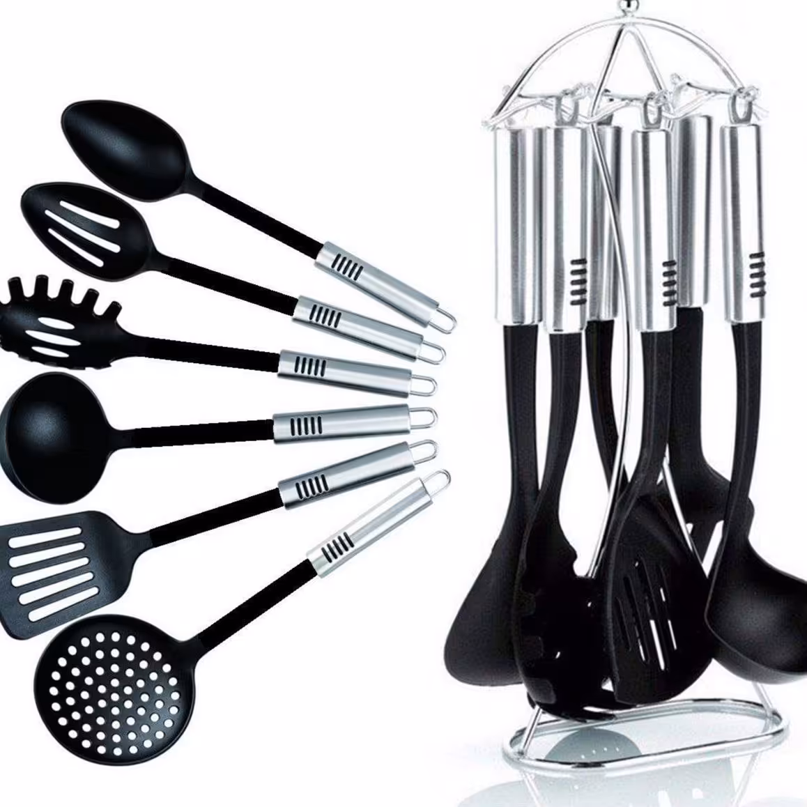  کفگیر ملاقه استند دار در دو رنگ استیل و مشکی 