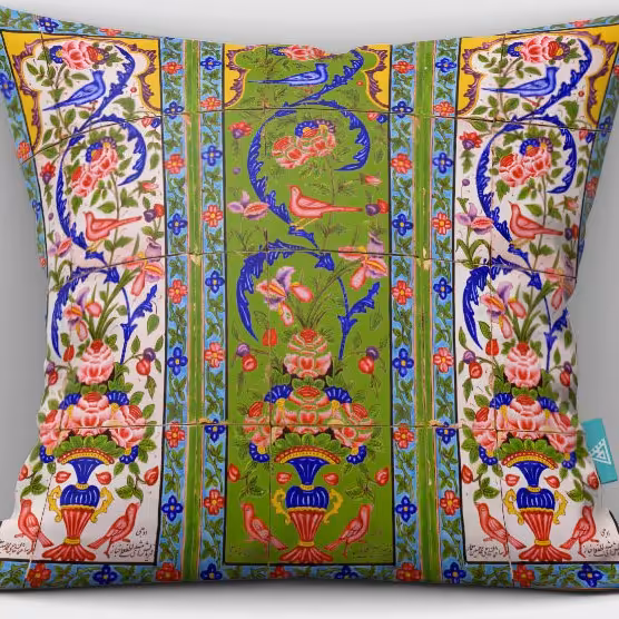 کاور کوسن مخمل 40x40 طرح گل و مرغ سبز  وسفید آرت مان
