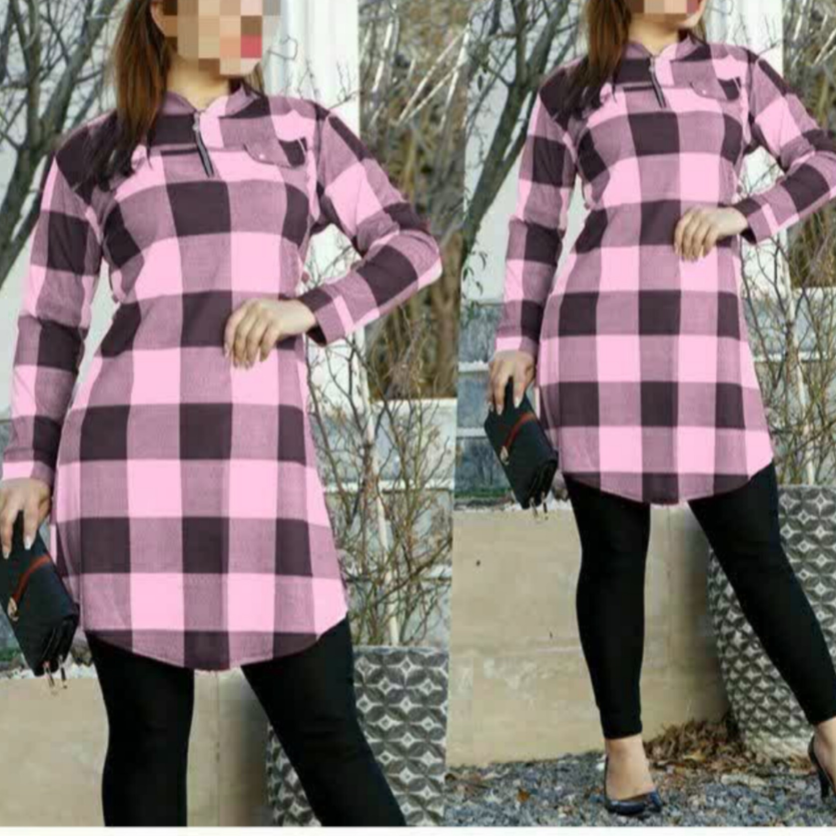 تونیک نیم زیپ چهارخونه