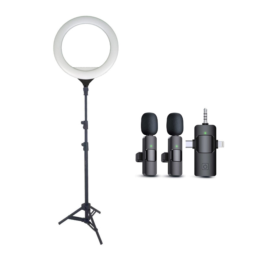 کیت تولید محتوا رینگ لایت Sierra SR-360 A ، پایه G2 و میکروفون k15 Dual