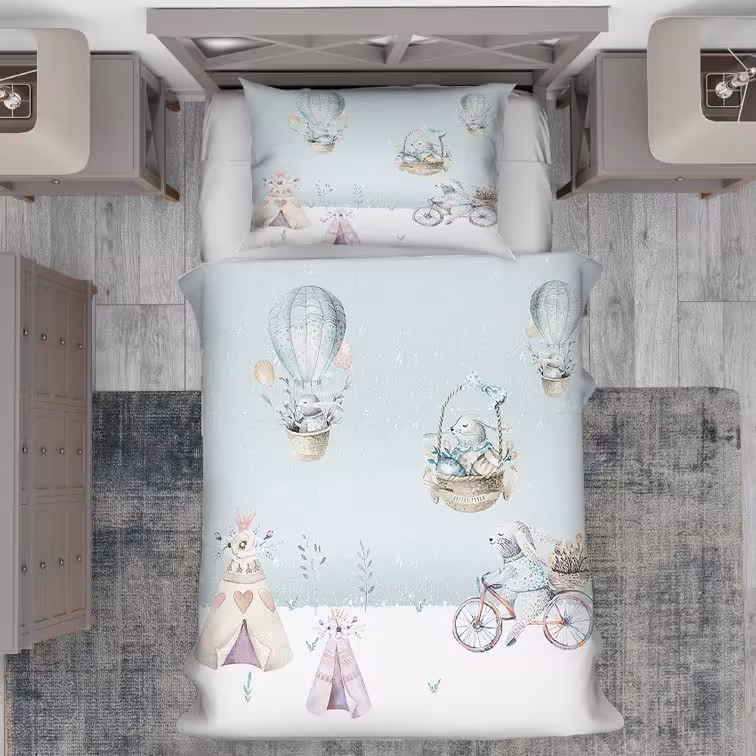 روتختی کودکانه طرح خرگوش‌های عروسکی در بالن و دوچرخه سواری در برف BA-4022