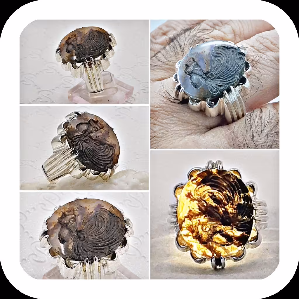 انگشتر نقره مردانه عقیق شجر حکاکی زیبا کوروش کبیر و گل لوتوس