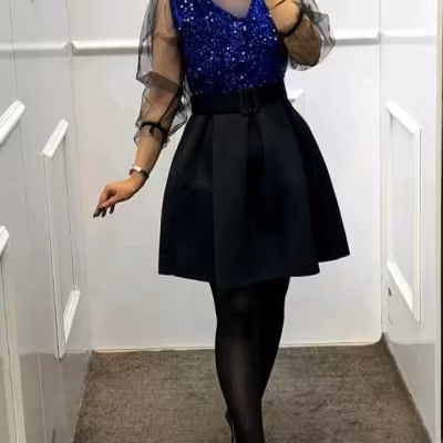 پیراهن مهمانی زنانه مخمل پولکی و دامن غواصی مدل هیوا