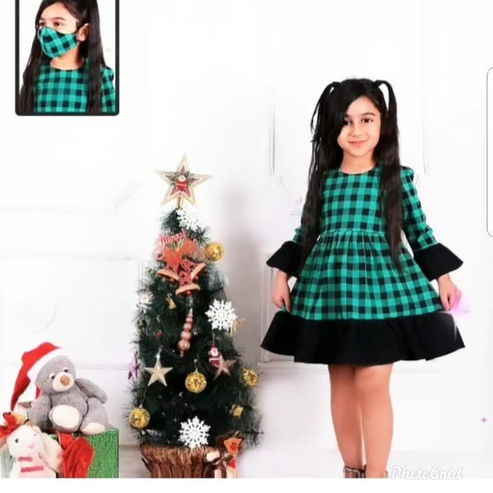 پیراهن چهار خانه دخترانه همراه با ماسک ست