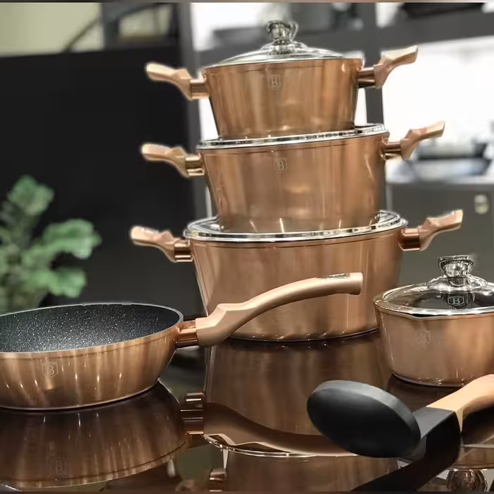 سرویس قابلمه برلینگر هاوس مجارستان رنگ رزگلد متالیک بدون سایه برلینگر هوس مجارستانی گرانیتی چدن berlinger haus گرانیت