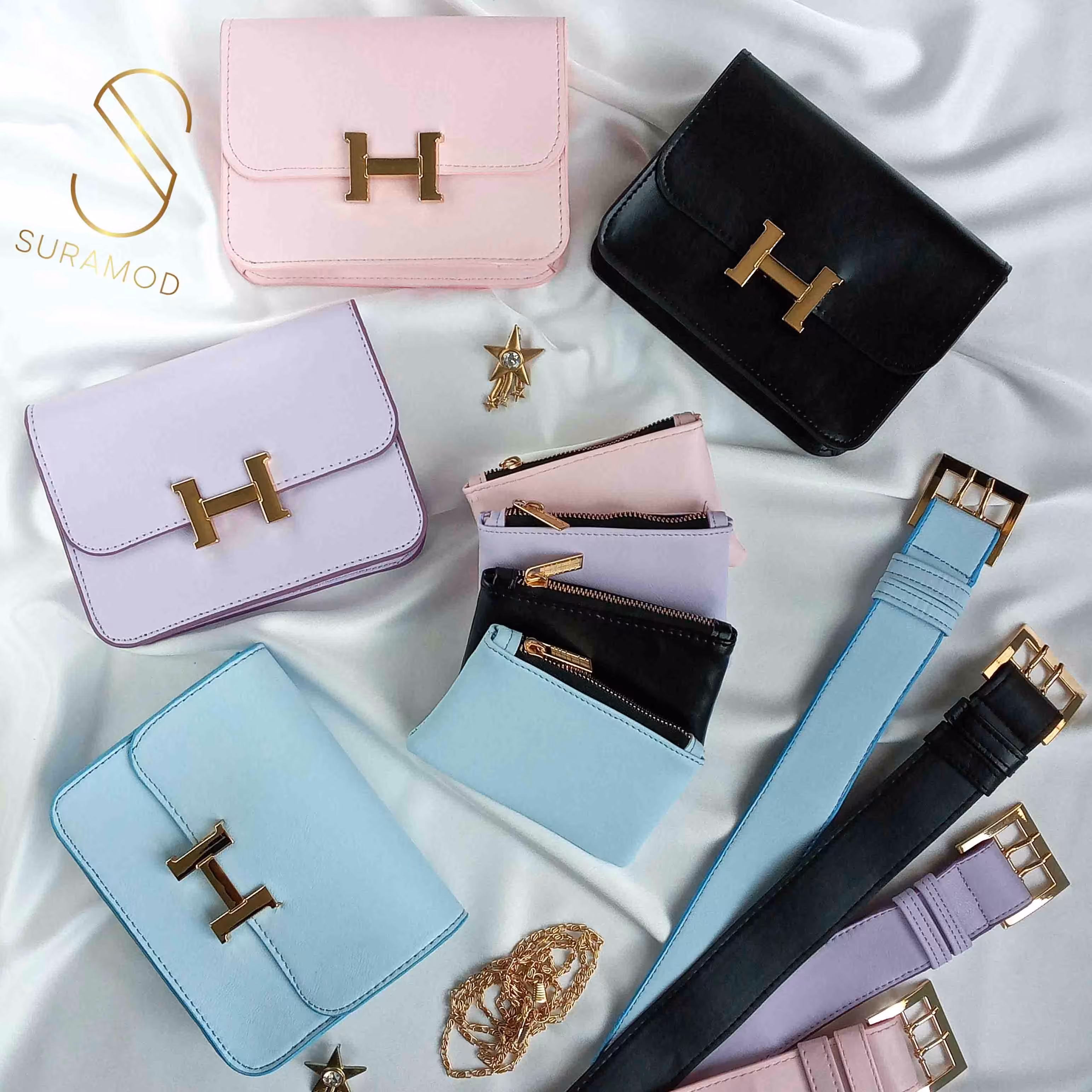 کیف دوشی و کمری دخترانه با یک کیف کوچکتر، یک کمربند و یک بند بلند زنجیر طلایی