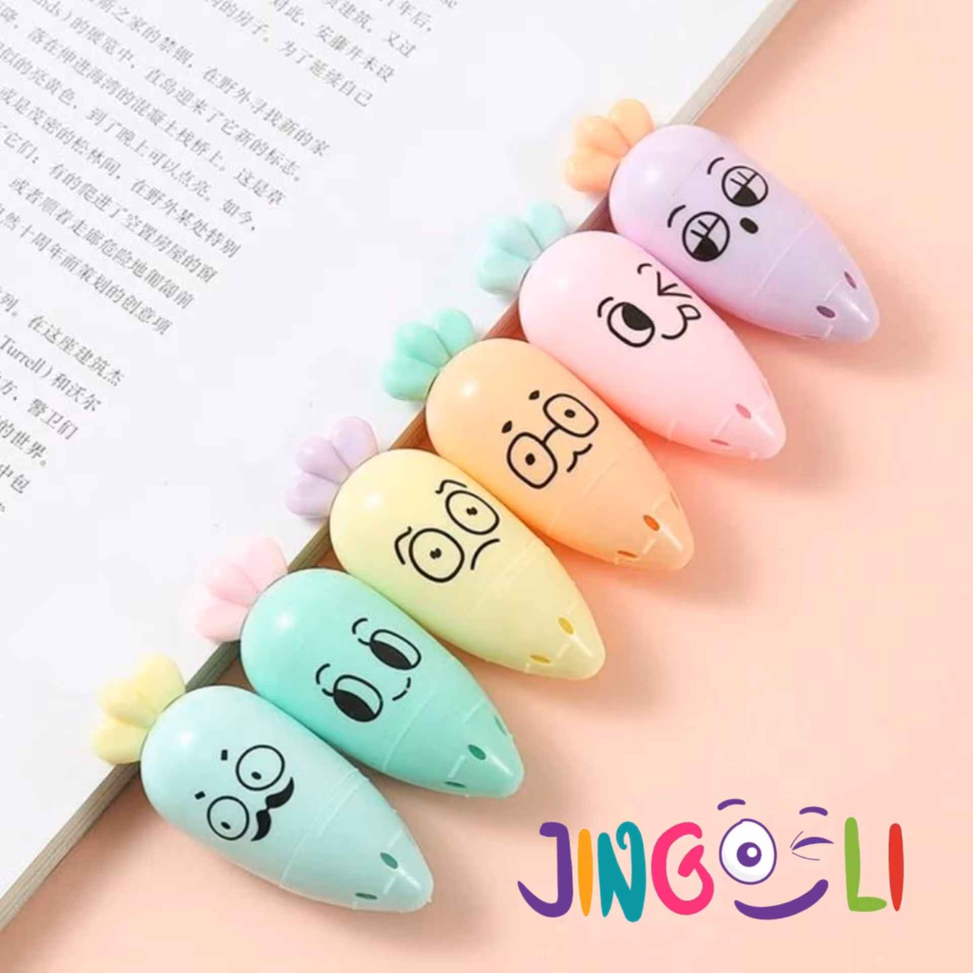  هایلایتر های هویجی  6رنگ شکلک دار بنفش زرد سبز ابی نارنجی صورتی 