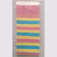 حوله دستباف دست و صورت راه راه صورتی با خطوط زرد و آبی فیروزه ای و حاشیه طلایی