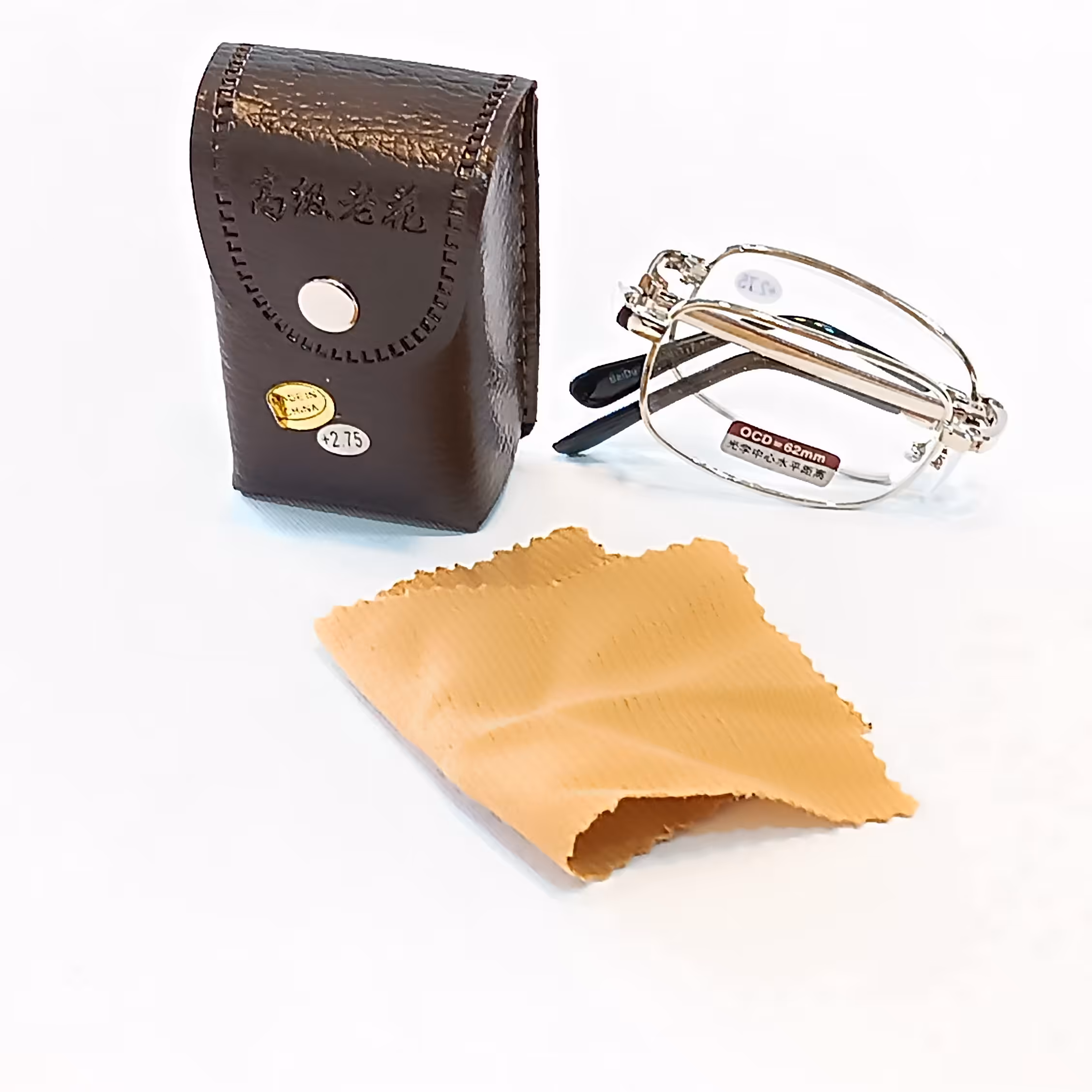عینک مطالعه تاشو نمره مثبت 2.5 همراه با جلد طرح چرم دارای قابلیت اتصال به کمربند و دارای دستمال عینک 