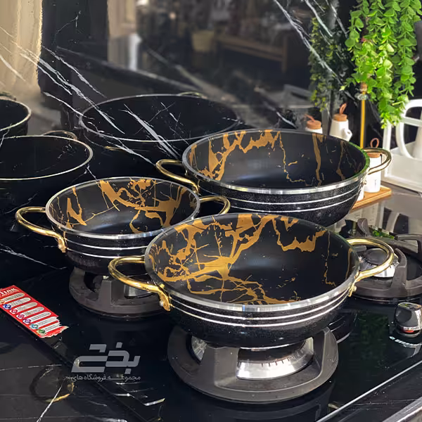 ست 3 پارچه تابه گرانیتی مدل طرح سنگ دو دسته طلایی