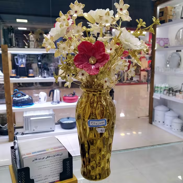 گل و گلدان دکوری کادویی ، طلایی ، تزئین شده کار دست ، آبکذی فورتیک درجه یک رنگ ثابت