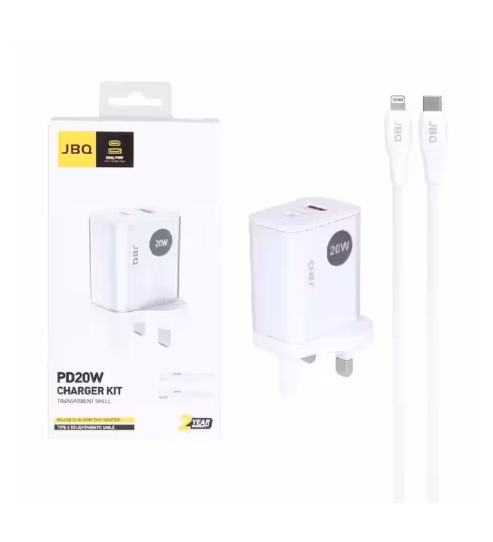 شارژر دیواری جی بی کیو 20 وات مدل HC-LP20 با کابل شارژ آیفون (دو پورت)