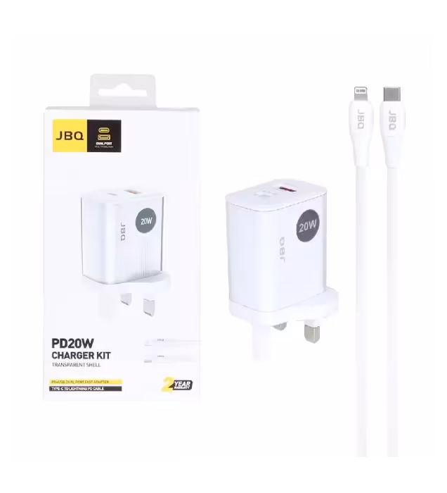 شارژر دیواری جی بی کیو 20 وات مدل HC-LP20 با کابل شارژ آیفون (دو پورت)