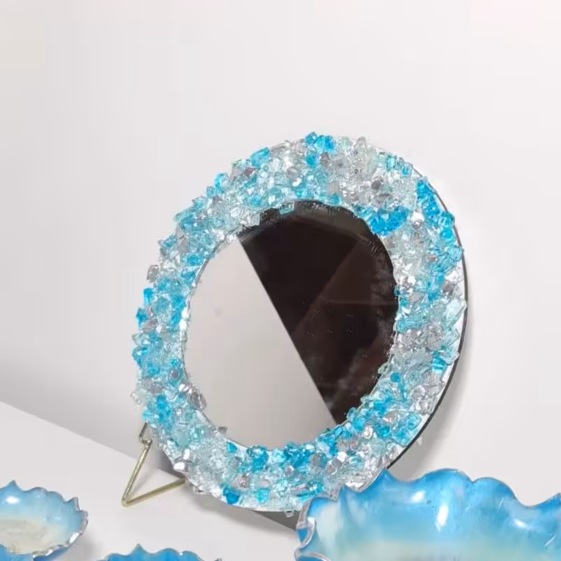 آینه تزیین شده با کریستال رزینی آبی رنگ قطر 30 سانت مناسب هفتسین 