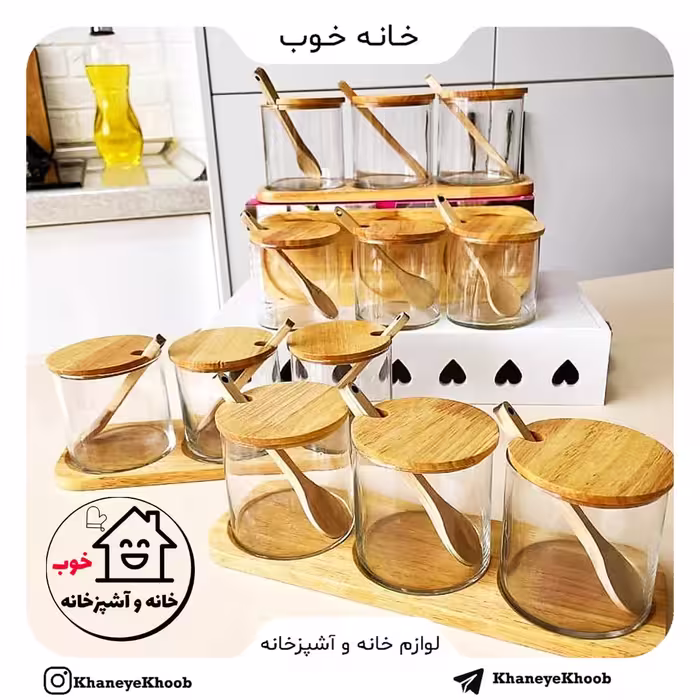 ست جا ادویه شیشه بوروسیلیکات(سه شیشه . سه درب بامبو .سه قاشق . پایه چوب)