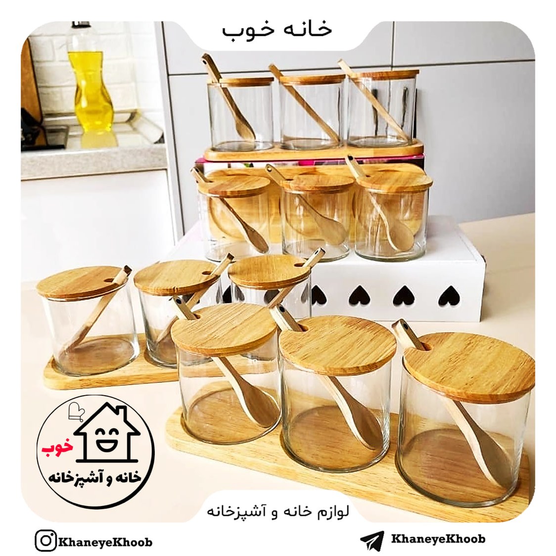 ست جا ادویه شیشه بوروسیلیکات(سه شیشه سه درب بامبو سه قاشق پایه چوب)