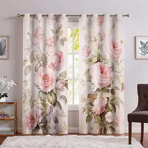 پرده تصویری سه بعدی طرح گل های صورتی آبرنگی با برگ های سبز PQ-1151