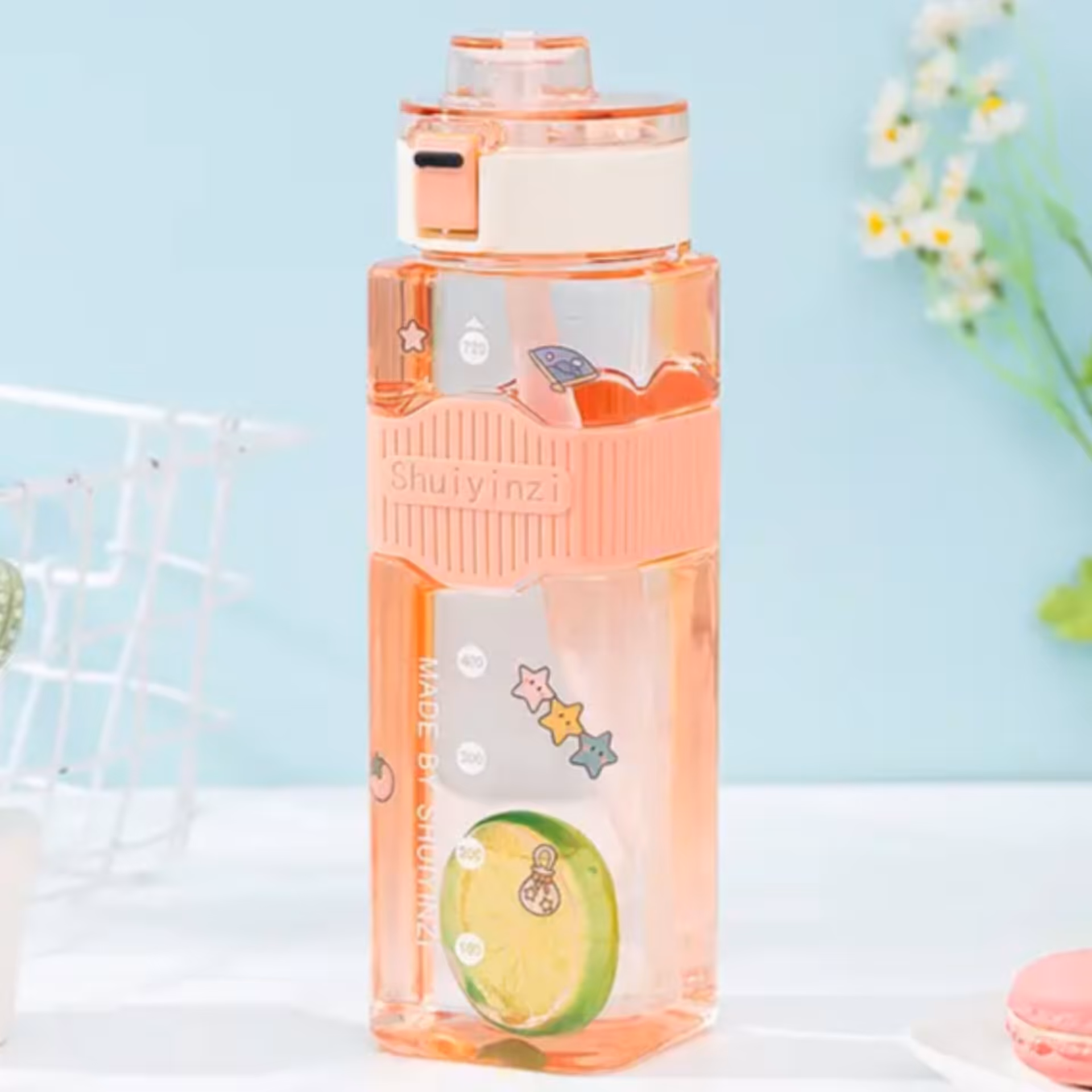 قمقمه مربع شفاف نی دار رنگ گلبهی