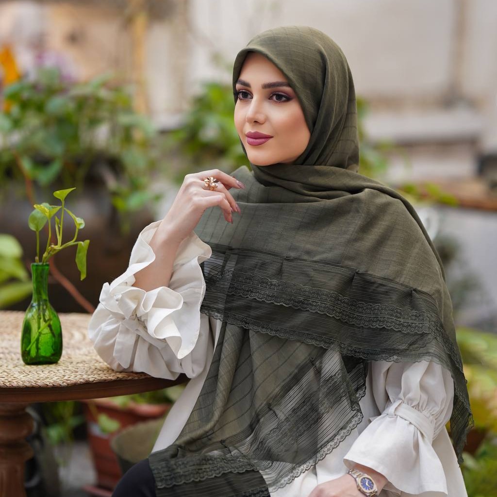 روسری نخی گیپوری سبز زیتونی ارسال رایگان
