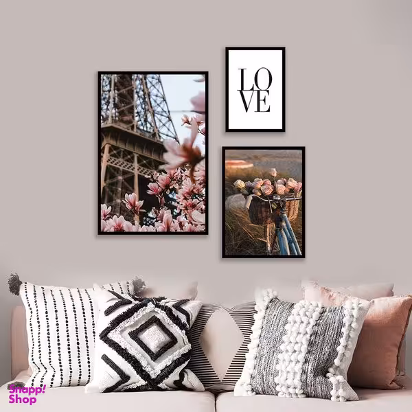 تابلو بکلیت مدل طرح گل صورتی و برج ایفل B-987  مجموعه 3 عددی