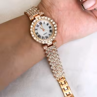 ساعت زنانه یا دخترانه نگین دار مجلسی بنداستیل چند رنگ