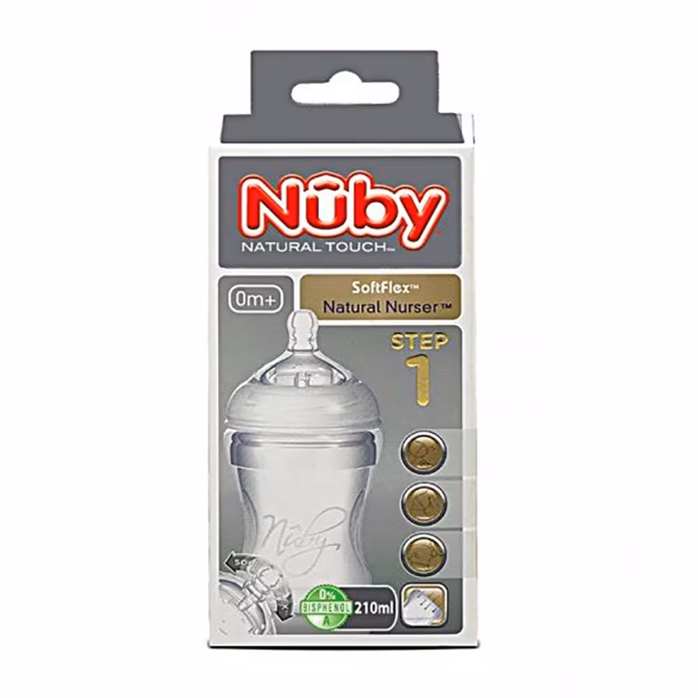 شیشه شیر تمام سیلیکون 0  ماه نابی Nuby ظرفیت 210 میلی لیتر