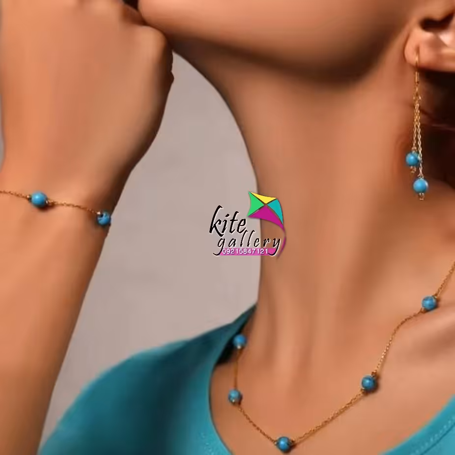 نیم ست فیروزه سنتزی و مروارید طرح حوص فیروزه ای