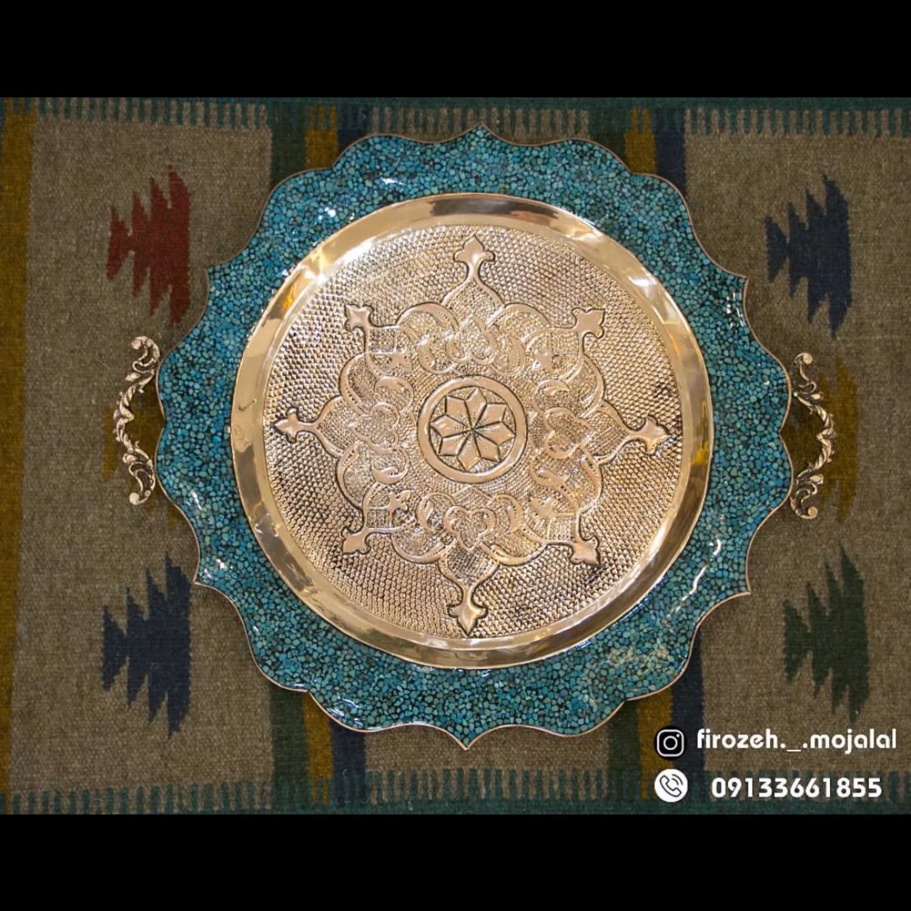 سینی گرد دالبر مسی کف قلم فیروزه کوبی 8نفره