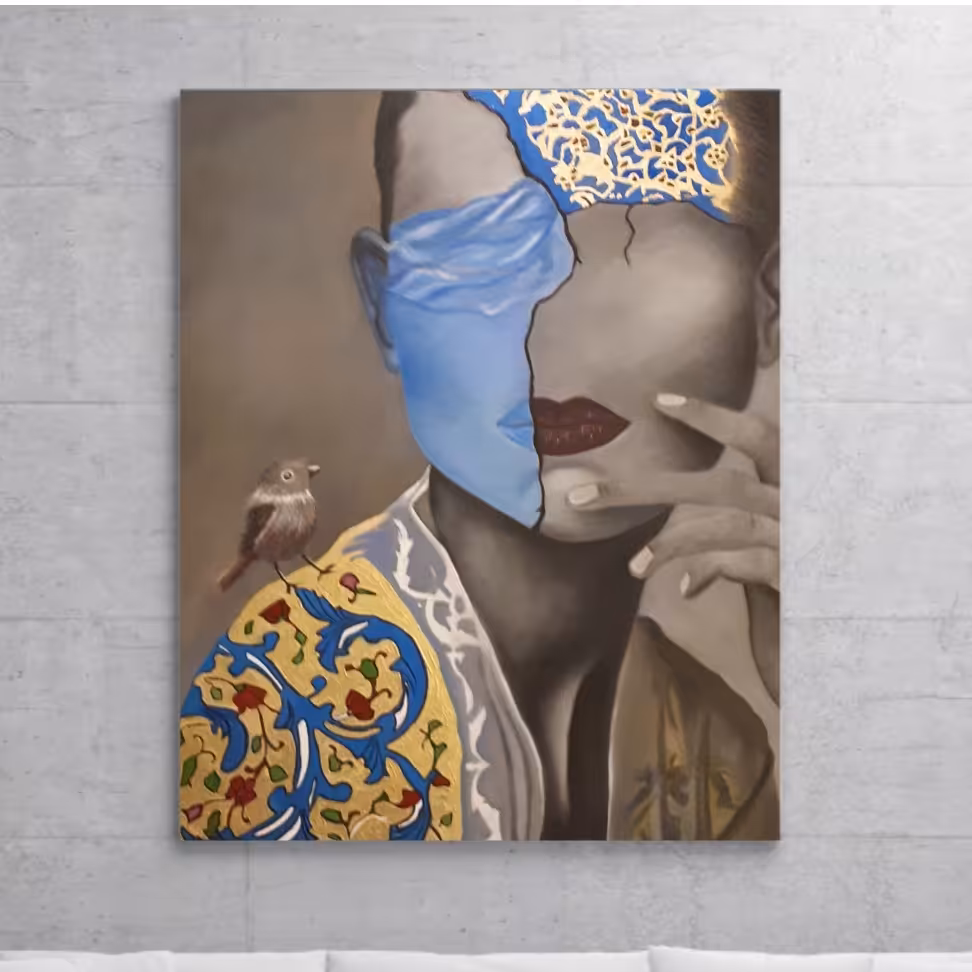 تابلوی تکنیک رنگ روغن و ورق طلا  در ابعاد 60 در 60  نام تابلو زن 