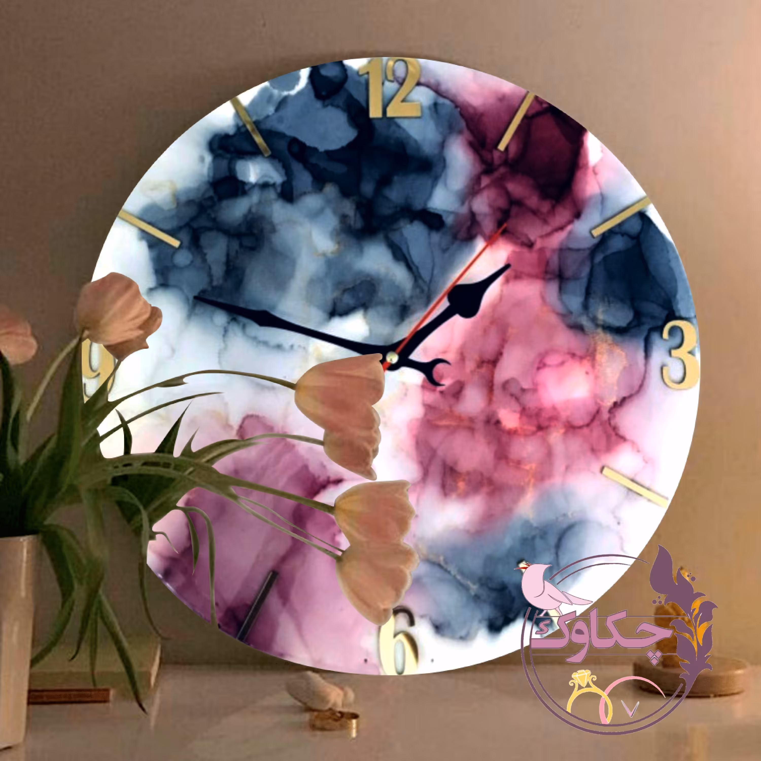 ساعت دیواری چوب و رزین طرح ابرنگی با بیس 30 سانتی