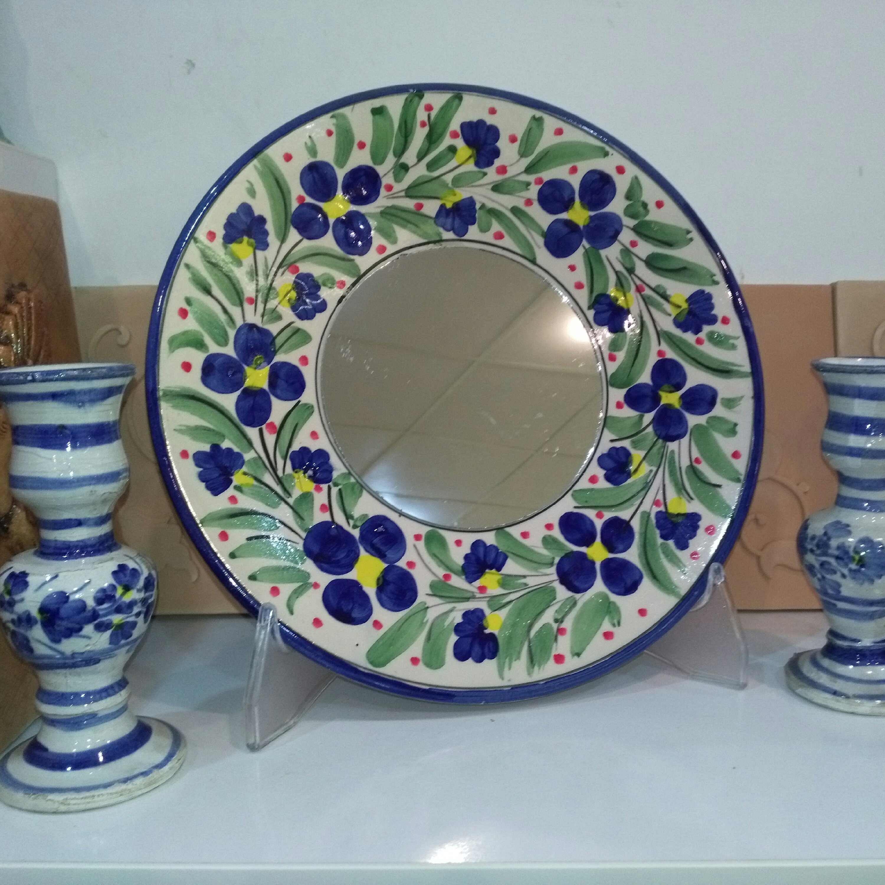 آیینه و شمعدان زیرلعابی گل بنفش