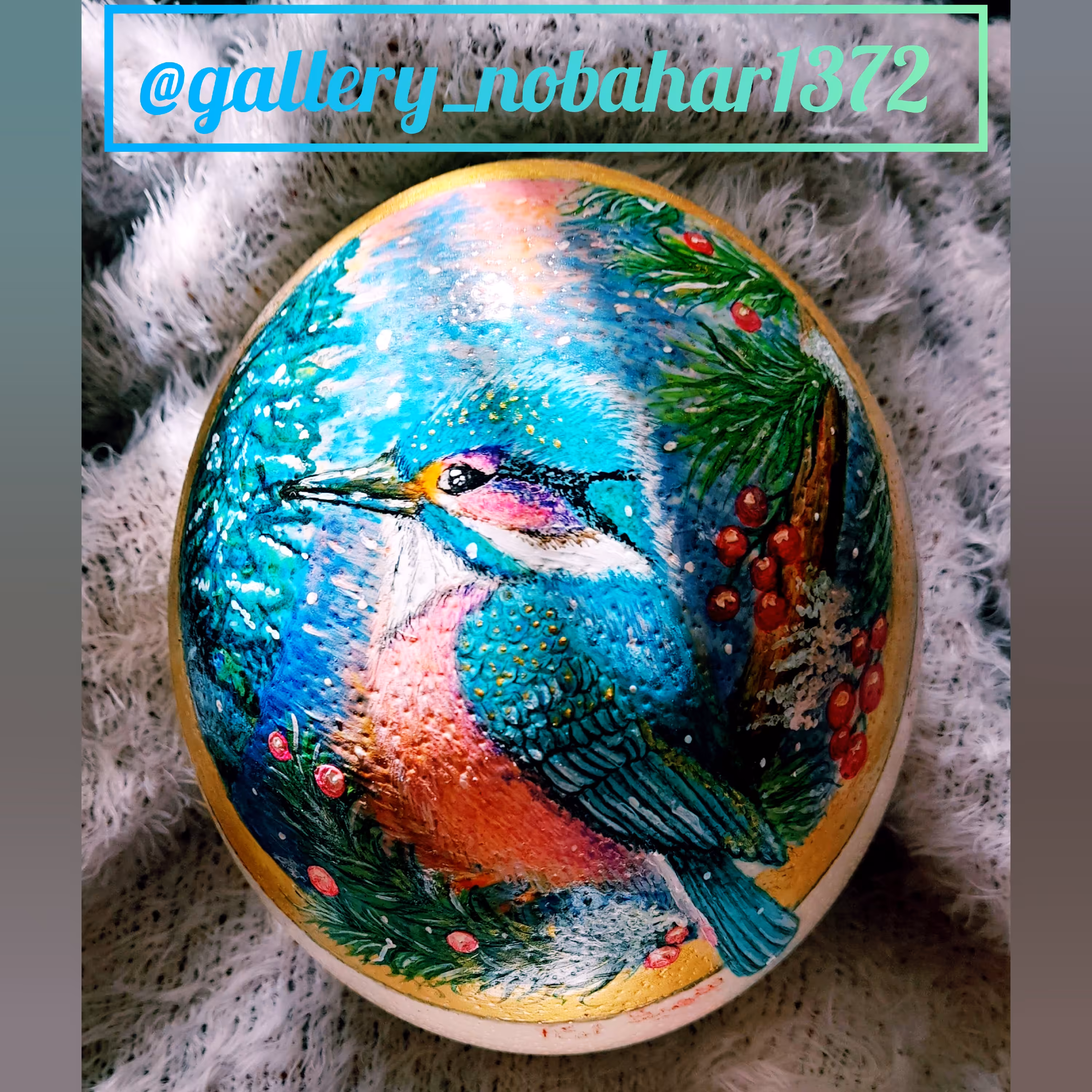 تخم شترمرغ تزئینی با طرح پرنده فیروزه ای مناسب برای هفت سین و دکوری