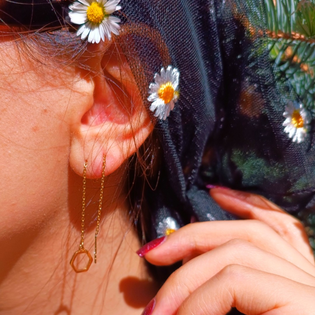 گوشواره بخیه ای شش ضلعی طلایی