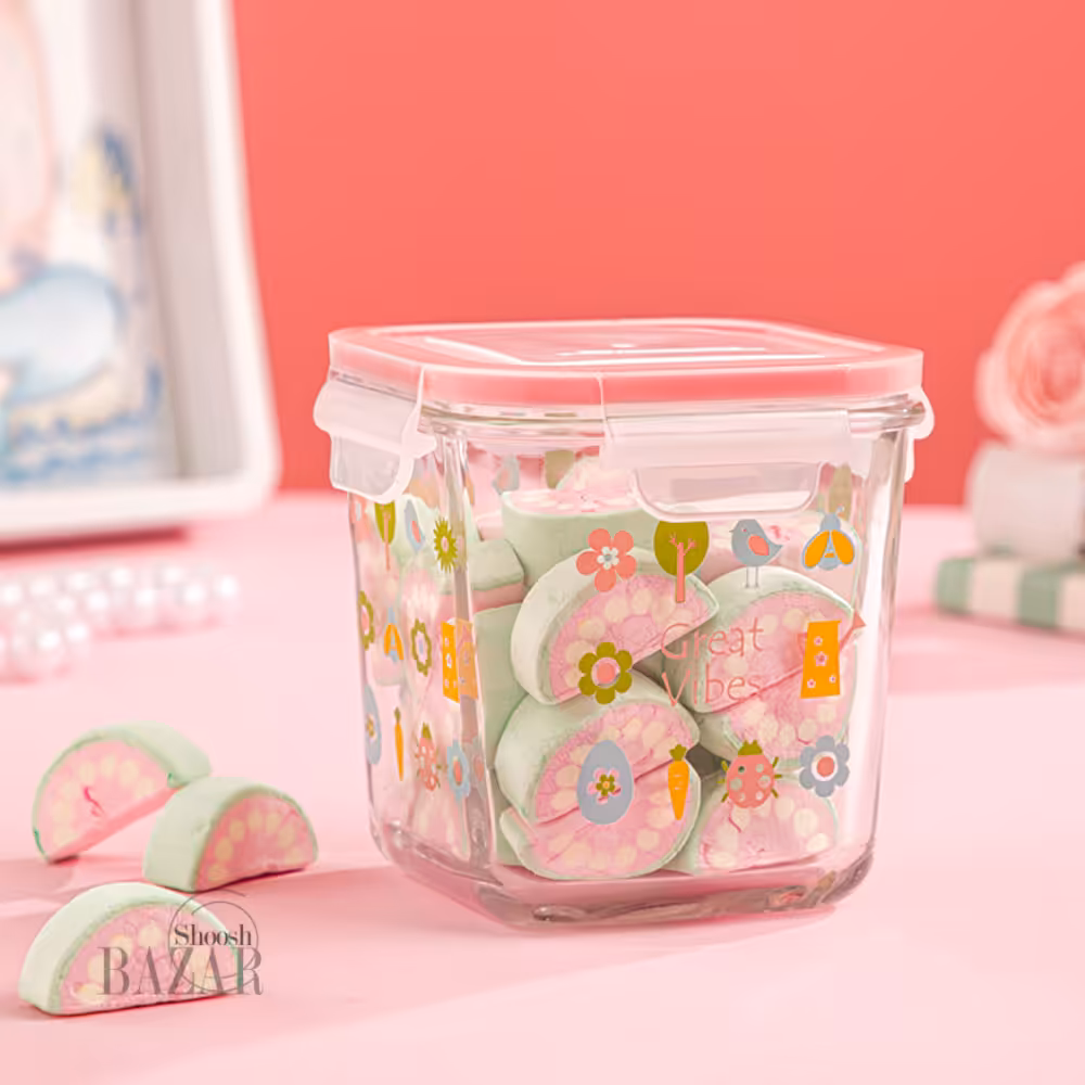 ظرف شیشه ای مربع 860 میلی لیتر چاپدار لیمون کد2110