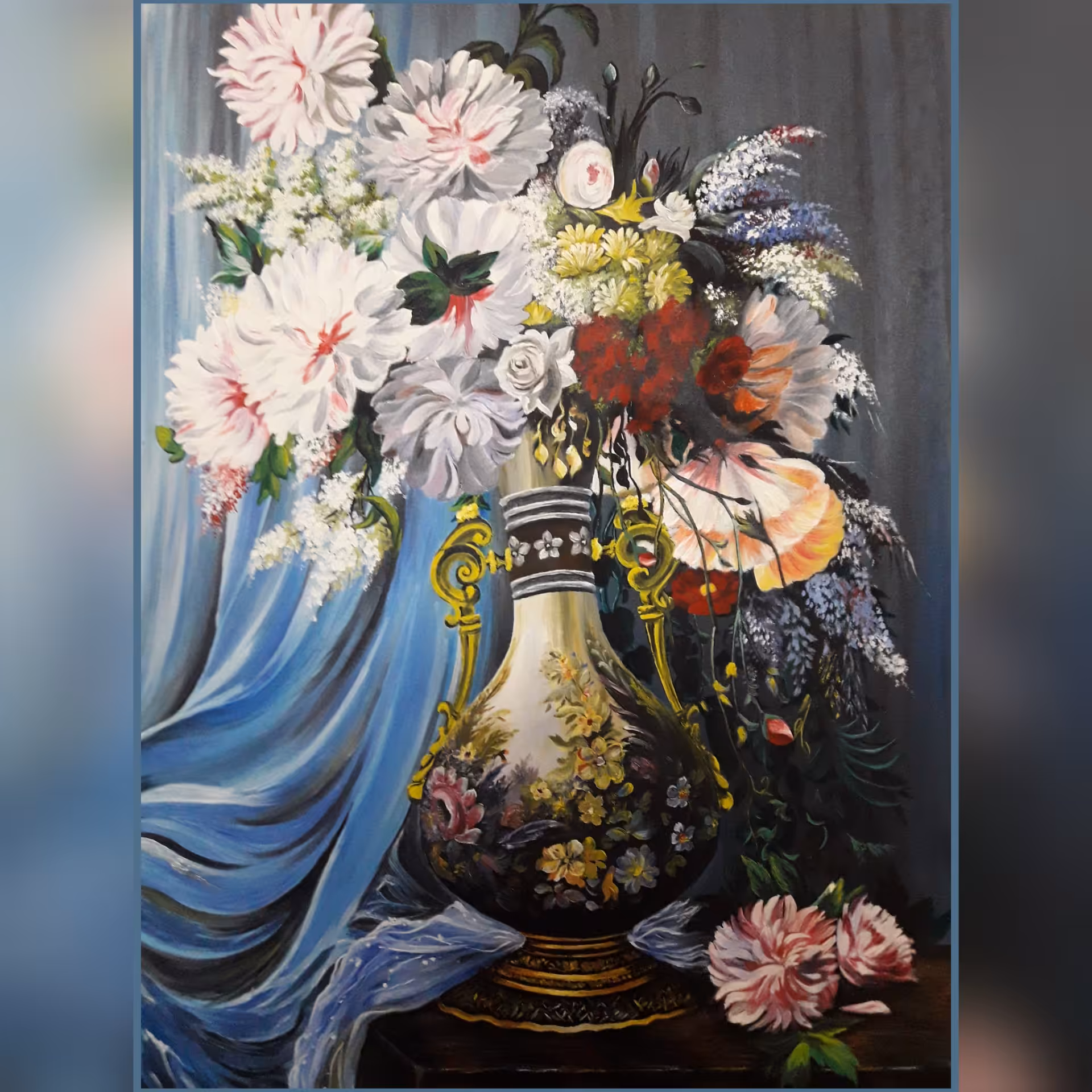 تابلوی رنگ روغن گلدان بهاری همراه با قاب
