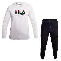 ست هودی کلاه دار مردانه سفید آستین بلند مدل FILA