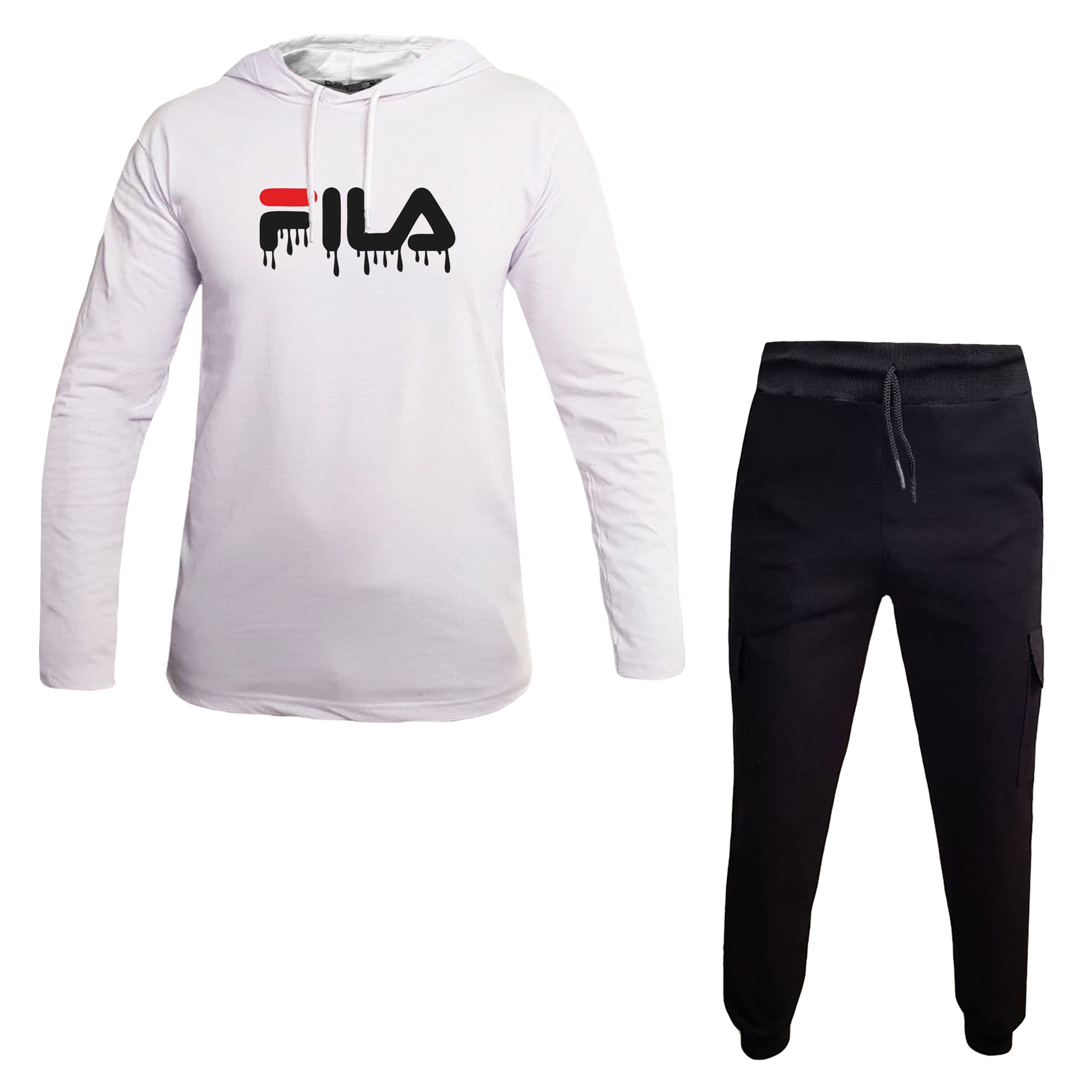ست هودی کلاه دار مردانه سفید آستین بلند مدل FILA