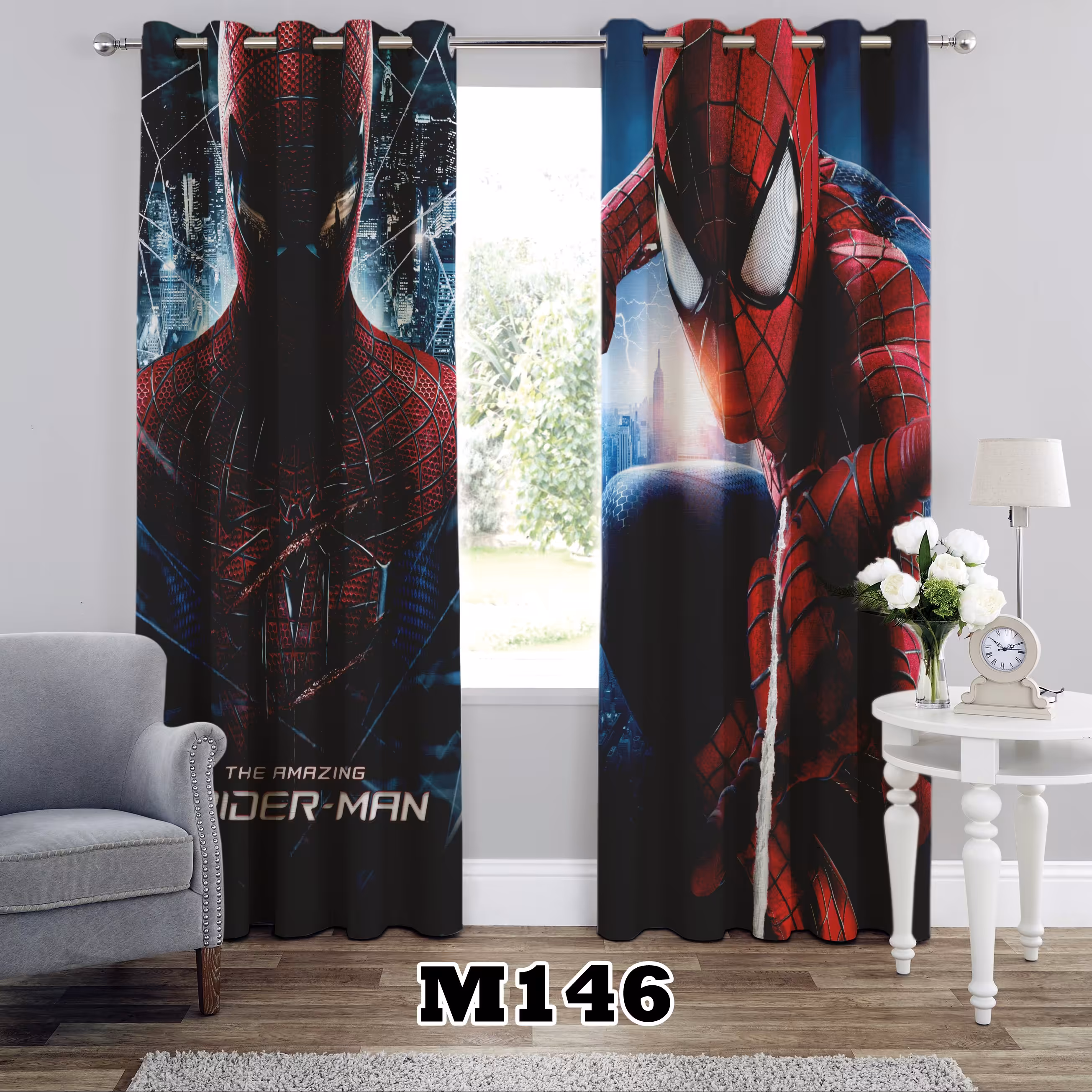 پرده چاپی پانچی پسرانه طرح مرد عنکبوتی کد M146 تک قواره ارتفاع 300 عرض 140 سانت