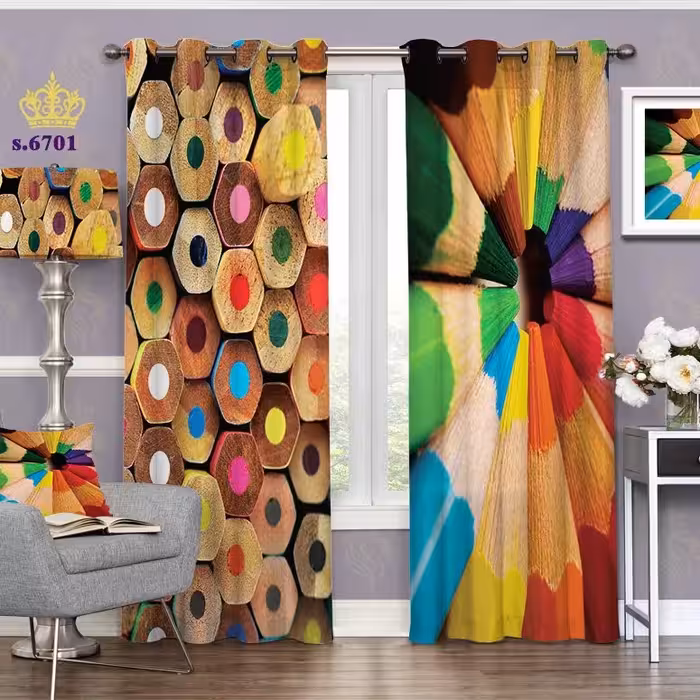 پرده اتاق خواب دو قواره پانچ فانتزی طرح مداد کد S6701