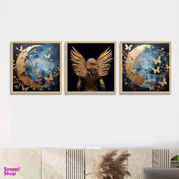تابلو بکلیت طرح مدرن ماه و پروانه و بال طلا یی مدل BE-1218 مجموعه 3 عددی