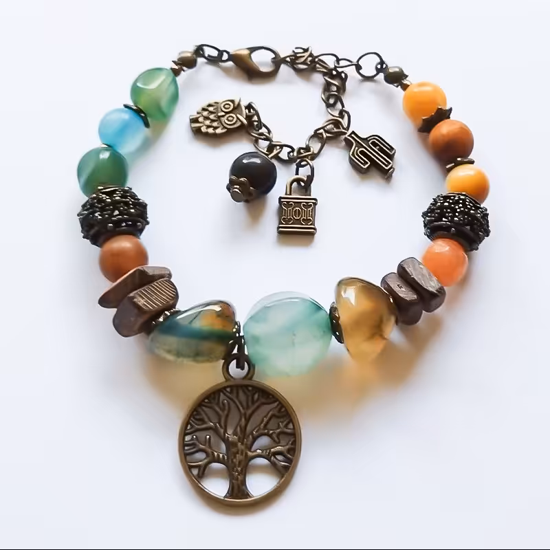 دستبند مدل راسین با سنگ عقیق دفرمه و آویز درخت زندگی فری سایز و مناسب هدیه 