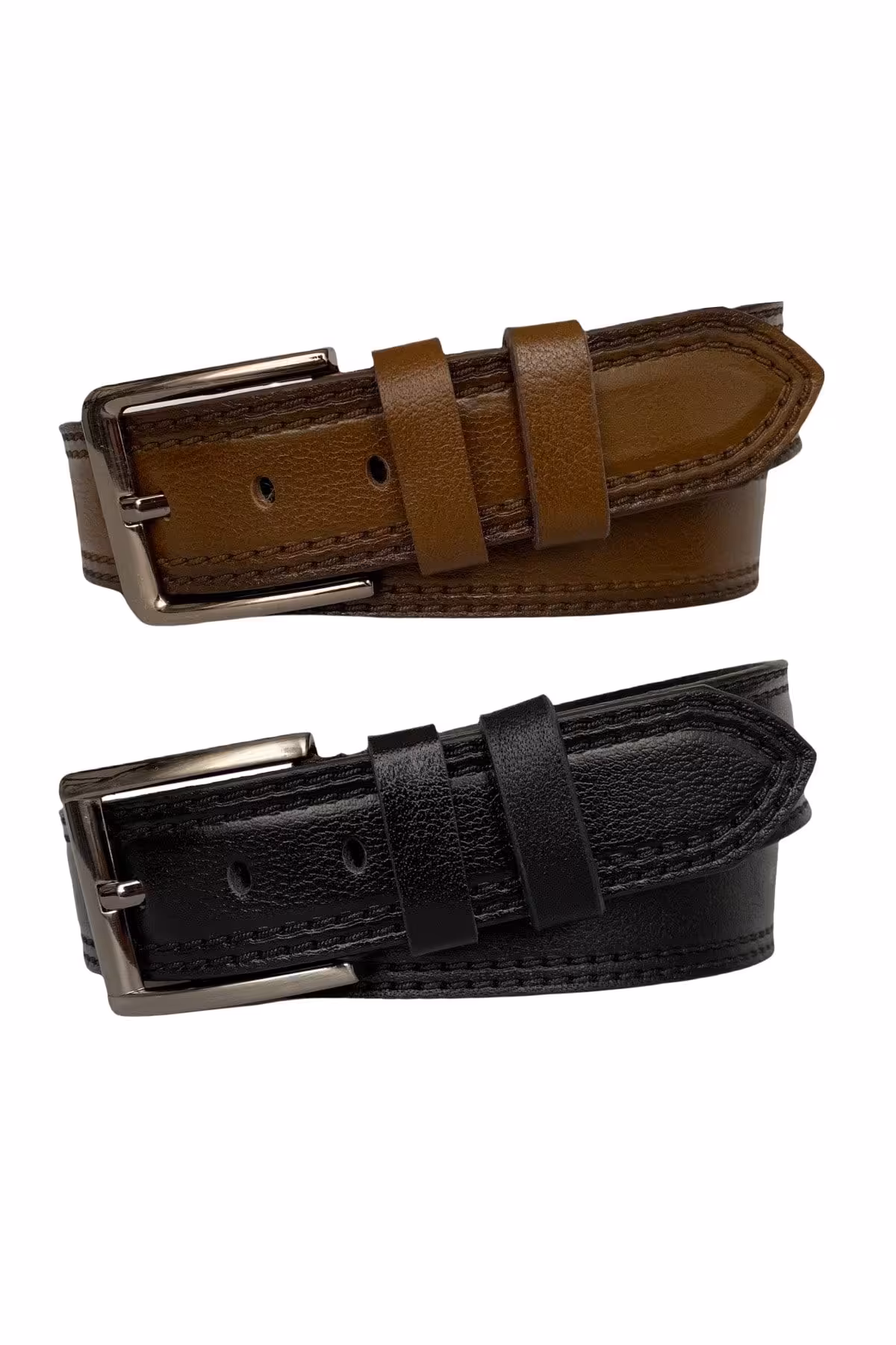 کمربند مشکی مردانه و زنانه 100% چرم اصل دوخت طرح دار چاپی ممتاز ست 2 عددی ورزشی جین برنزه 4.5 سانتی متر GoDeri